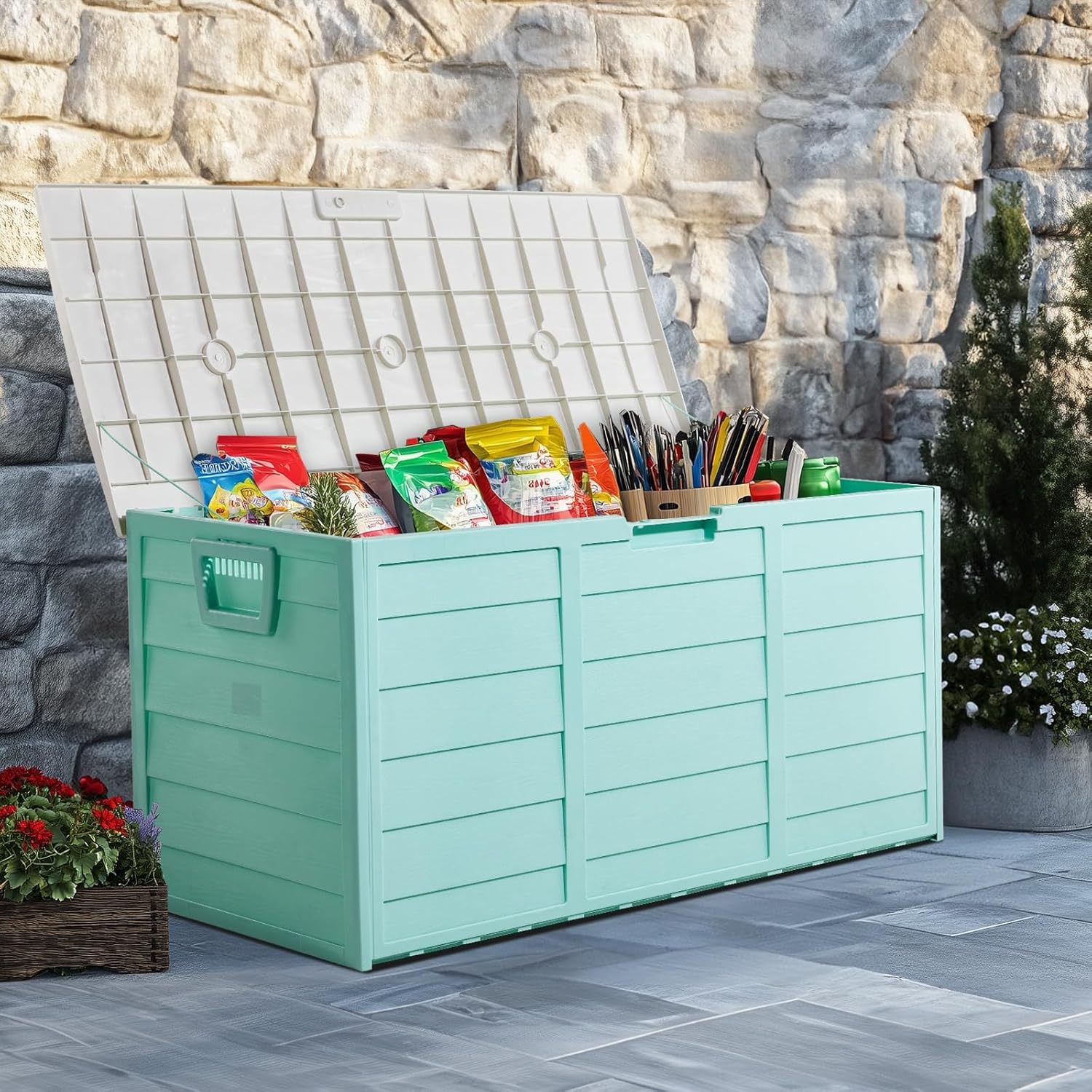 75-Gallon Resin Outdoor Storage Bench, Waterproof Deck Box with Wheels for Patio Furniture Cushions, Garden Tools & Pool Supplies (White lid + green box)