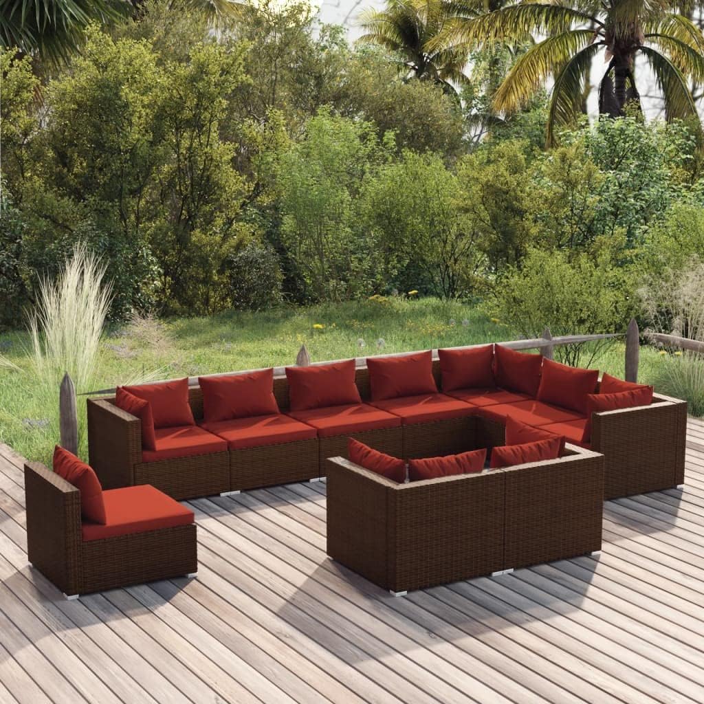 Garden Lounge Set Brown PE Rattan, Powder-Coated Steel, 10-Piece Outdoor Patio Furniture Set, Modular Sectional for Balcony, Terrace