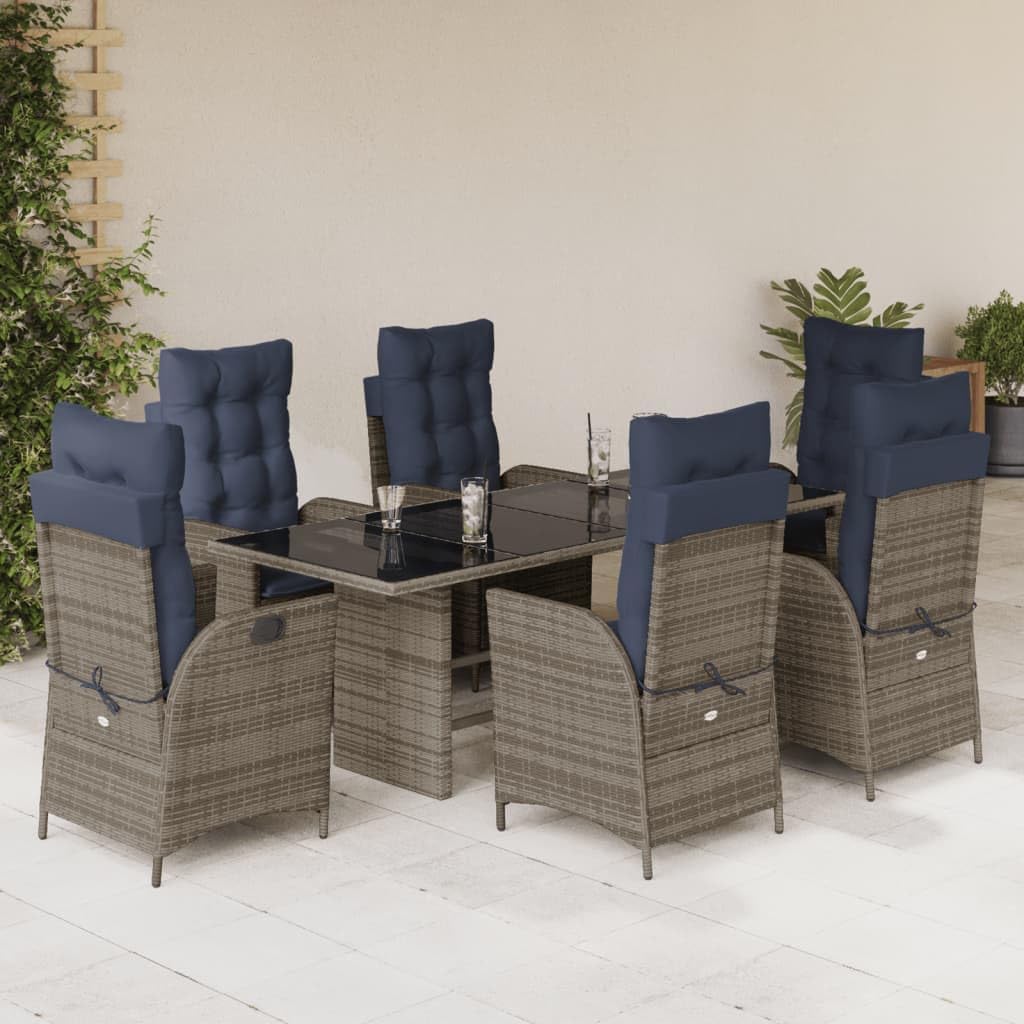 Furniture Sets 7 Piece Patio Dining Set with Cushions Gray Poly Rattan,Adjustable Outdoor Dining Set with Reclining Rattan Armchairs and Glass Tabletop Garden Conversation Sets