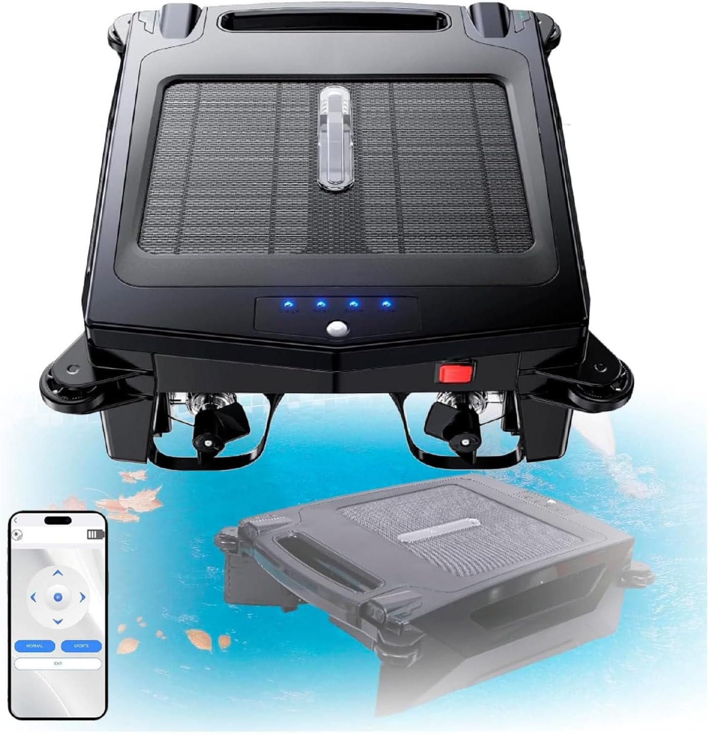 Automatic Cordless Robot Solar Powered Pool Skimmer Cleaner for All Swimming Pool Sur-Face, with App Support, Shallow Water Safeguard, and Twin Salt Chlorine Tolerant Motors