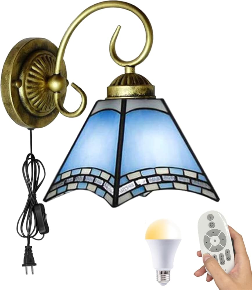 Kiven Plug in Wall Lamp, Wall Sconce with 5.9ft Plug-in Cord, Remote Control Dimmable,3 Colors Mode, 1-Light Style Glass Wall Lighting Fixtures for Bedside Kitchen Reading-Bulb Included Blue