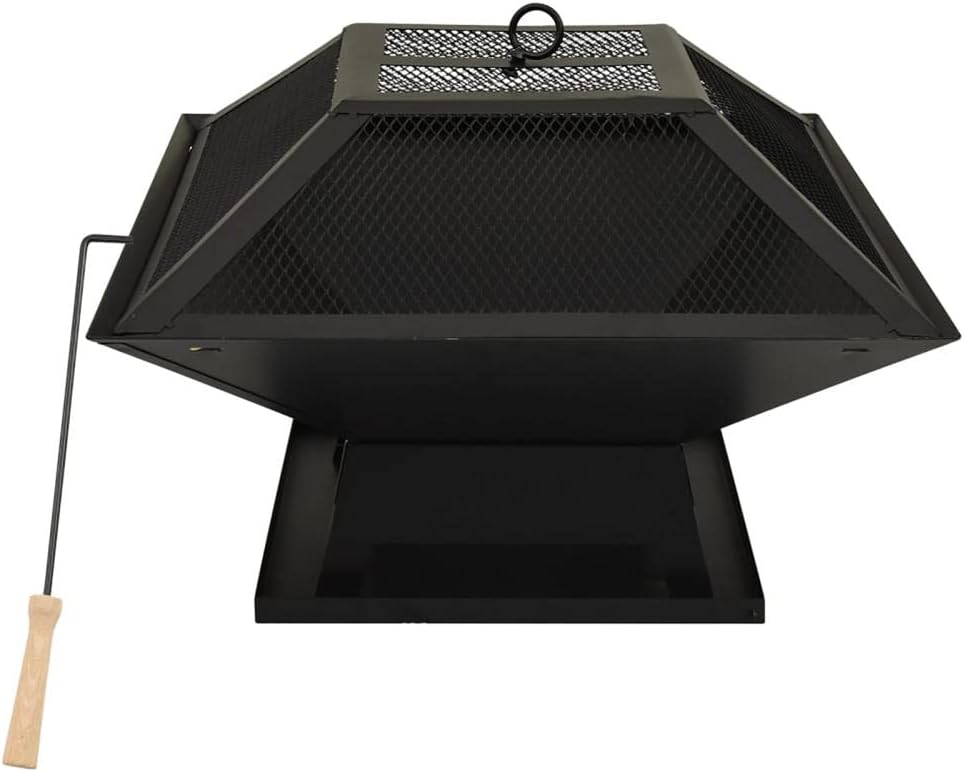 2-in-1 Fire Pit and BBQ,18.3in Wood Burning Firepit, Square Metal Firepit Brazier, Outdoor Stove Bowl with Spark Screen Cover, Cooking Grid and Fire Poker, for Outside Camping Patio Garden-Black