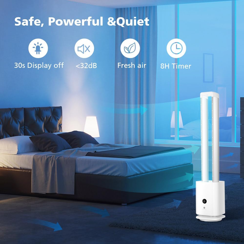 ULTTY Bladeless Tower Fan and Air Purifier in one, Bedroom Fan with HEPA Filter 99.97% Smoke Dust Pollen Dander, 42 Inch 90° Oscillating Tower Fan with Remote, Touch, 8H Timer