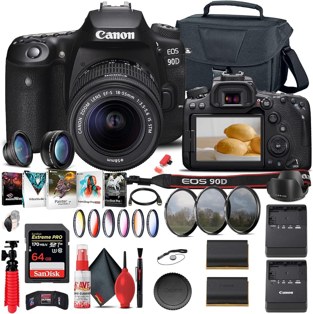 Canon EOS 90D DSLR Camera with 18-55mm Lens (3616C009) + 64GB Memory Card + Color Filter Kit + Case + Corel Photo Software + LPE6 Battery + Charger + Card Reader + More (Renewed)