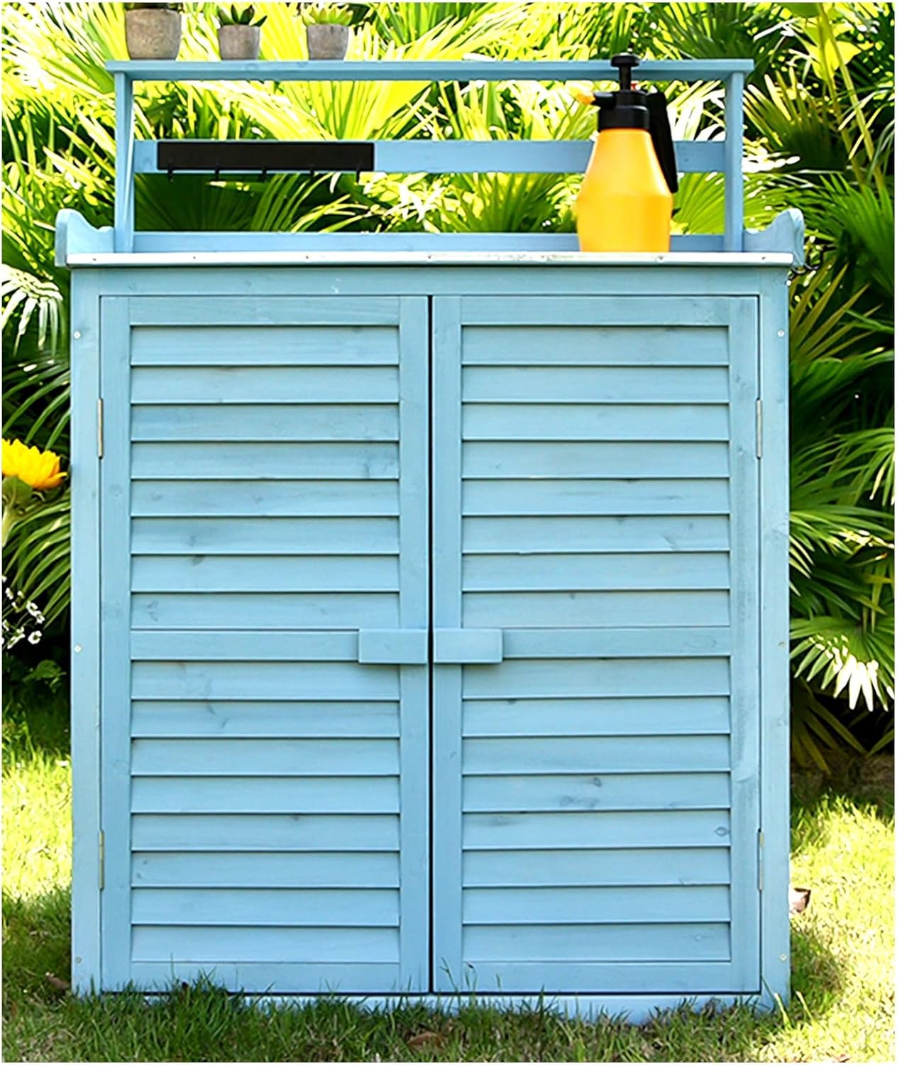 Weather Resistant Outdoor Wooden Garden House with 4 Layers Patio Storage Cabinet Durable Tool Shed for Lawn Mower and Tools Vertical Storage Organizer for Backyard Ideal(Blue 120X87X45Cm)