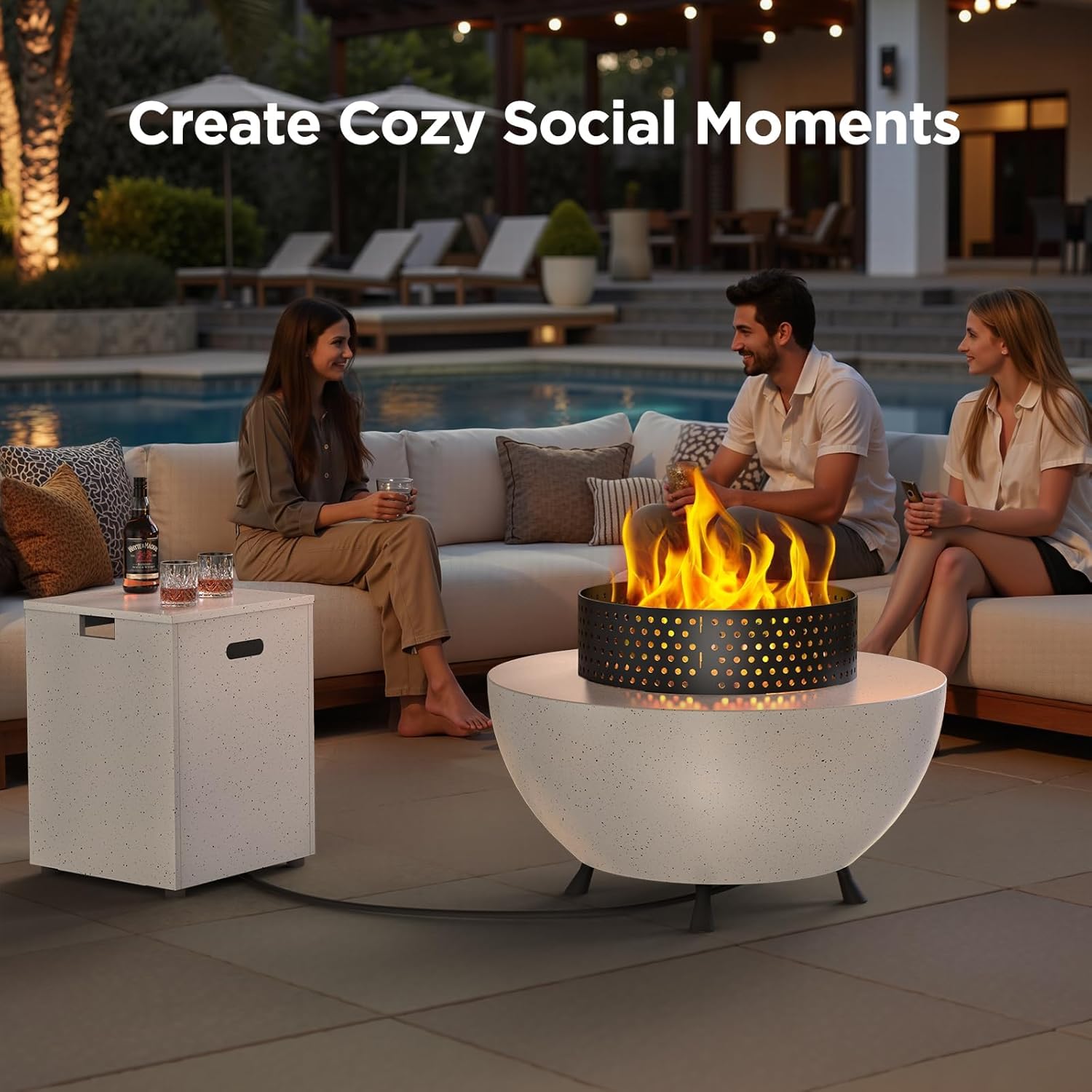 Ciays 29″ Propane Fire Pit Table with Windproof Guard, 50000 BTU Fire Pit Table, CSA-Certified, Outdoor fire Table with Durable Terrazzo Coating/Lava Rocks/4 Stable Adjustable Legs, Garden, White