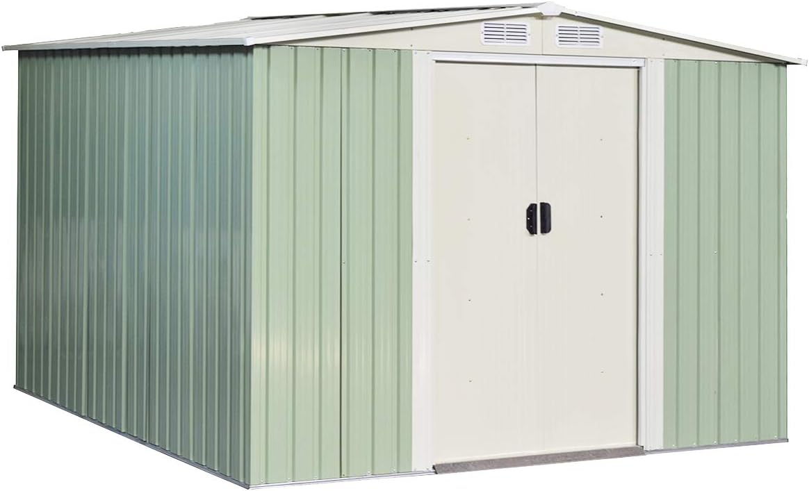 Goplus® Galvanized Steel Outdoor Storage Shed 8.5X 8.5Ft Heavy Duty Tool House W/Sliding Door for Garden Lawn(Light Green)