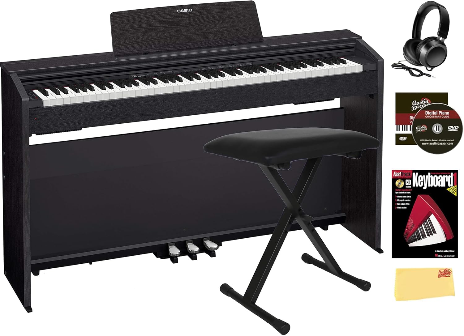 Casio Privia PX-870 Digital Piano - Black Bundle with Adjustable Bench, Headphones, Piano Book, Online Piano Lessons, Instructional DVD, and Austin Bazaar Polishing Cloth