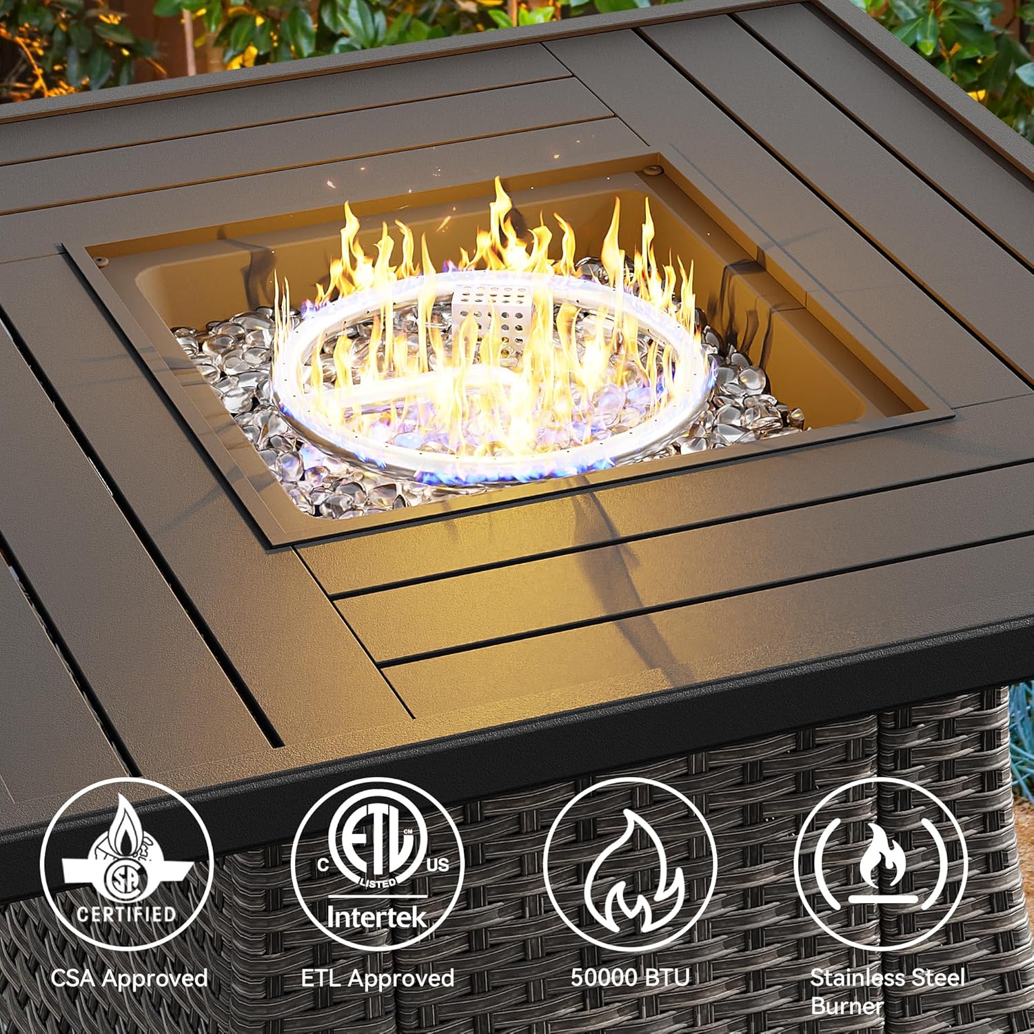 31.7in Propane Fire Pit Gas Fire Pit Table with Lid and Metal Tabletop, CSA with Lava Rocks, Heavy Duty 2 in 1 Square Fire Pit Table for Outdoor, Patio, Garden, Party and Camping