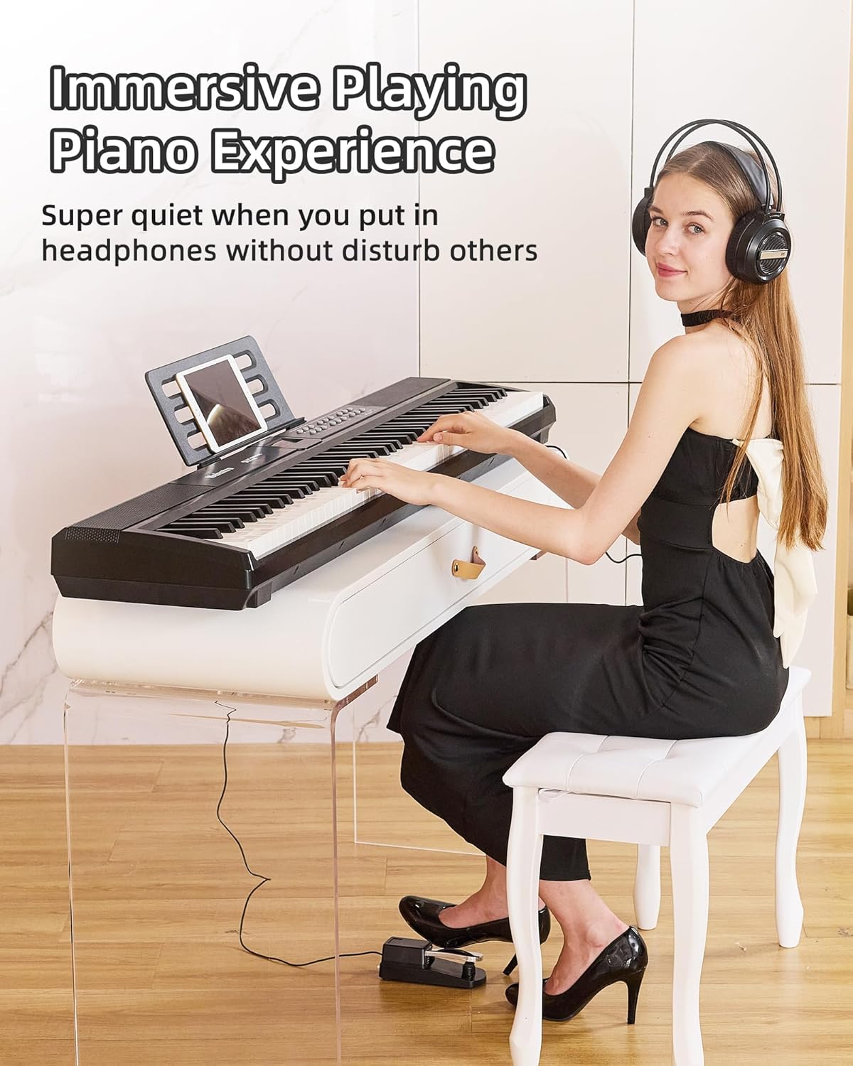 Weighted Piano 88-Key Digital Piano, Full-Size Electric Piano Keyboard with Hammer Action, Sustain Pedal, MP3 Function Dual 15W Speaker, Supports USB-MIDI/Wireless Connect