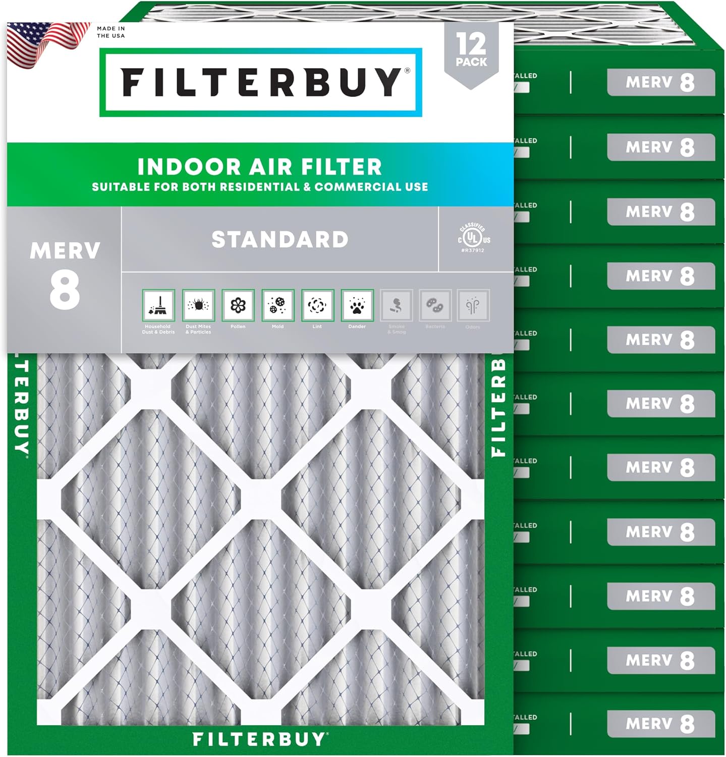 Filterbuy 22x24x2 Air Filter MERV 8 Essential Dust & Allergy Defense (12-Pack), Electrostatic Pleated HVAC AC Furnace Filters Replacement, Made in USA (Actual Size: 21.50 x 23.50 x 1.75)