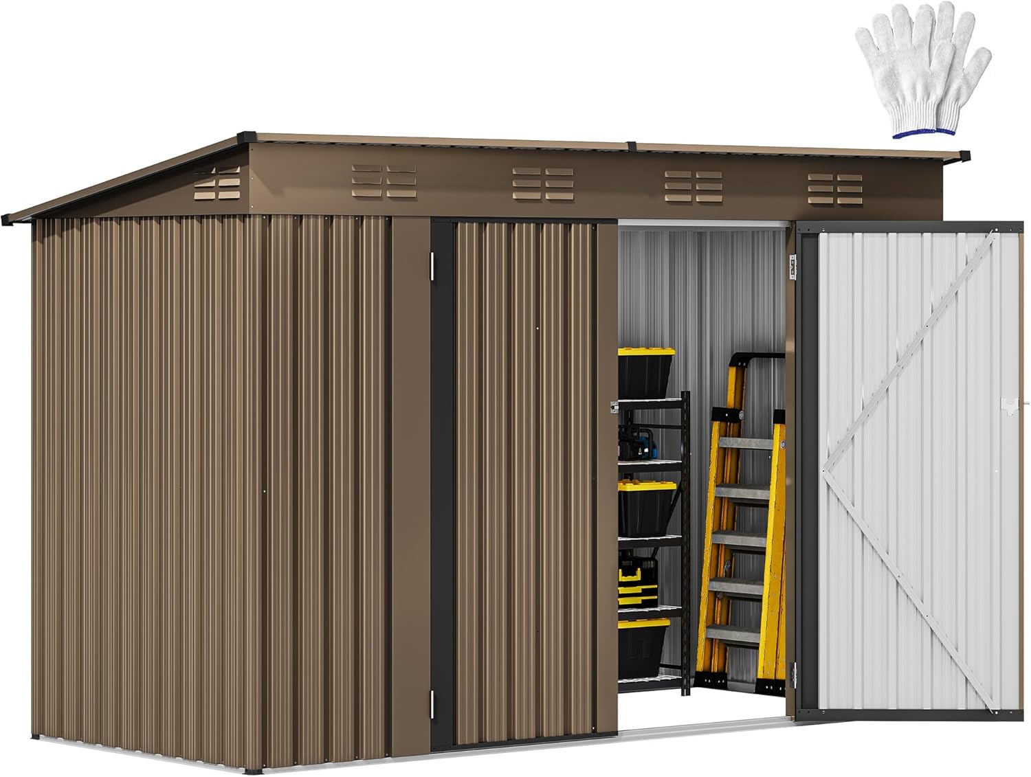 DWVO 9.1x4.2ft Large Outdoor Storage Shed, Metal Tool Sheds, Heavy Duty Tool Storage with Lockable Doors & Air Vent for Backyard Patio Lawn to Store Bikes, Tools, Lawnmowers,Brown