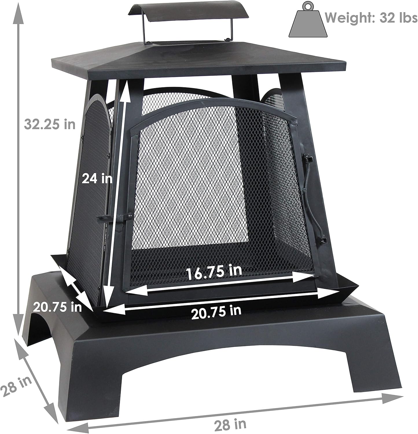 Sunnydaze 32-Inch Pagoda-Style Steel Wood-Burning Fire Pit with Log Grate and Poker - Black High-Temperature Paint Finish