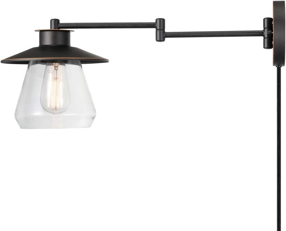 Globe Electric 51543 Nate 1-Light Plug-in or Hardwire Swing Arm Wall Sconce, Oil Rubbed Bronze, Clear Glass Shade, 6ft Black Fabric Covered Cord, Inline On/Off Rocker Switch, Bulb Not Included