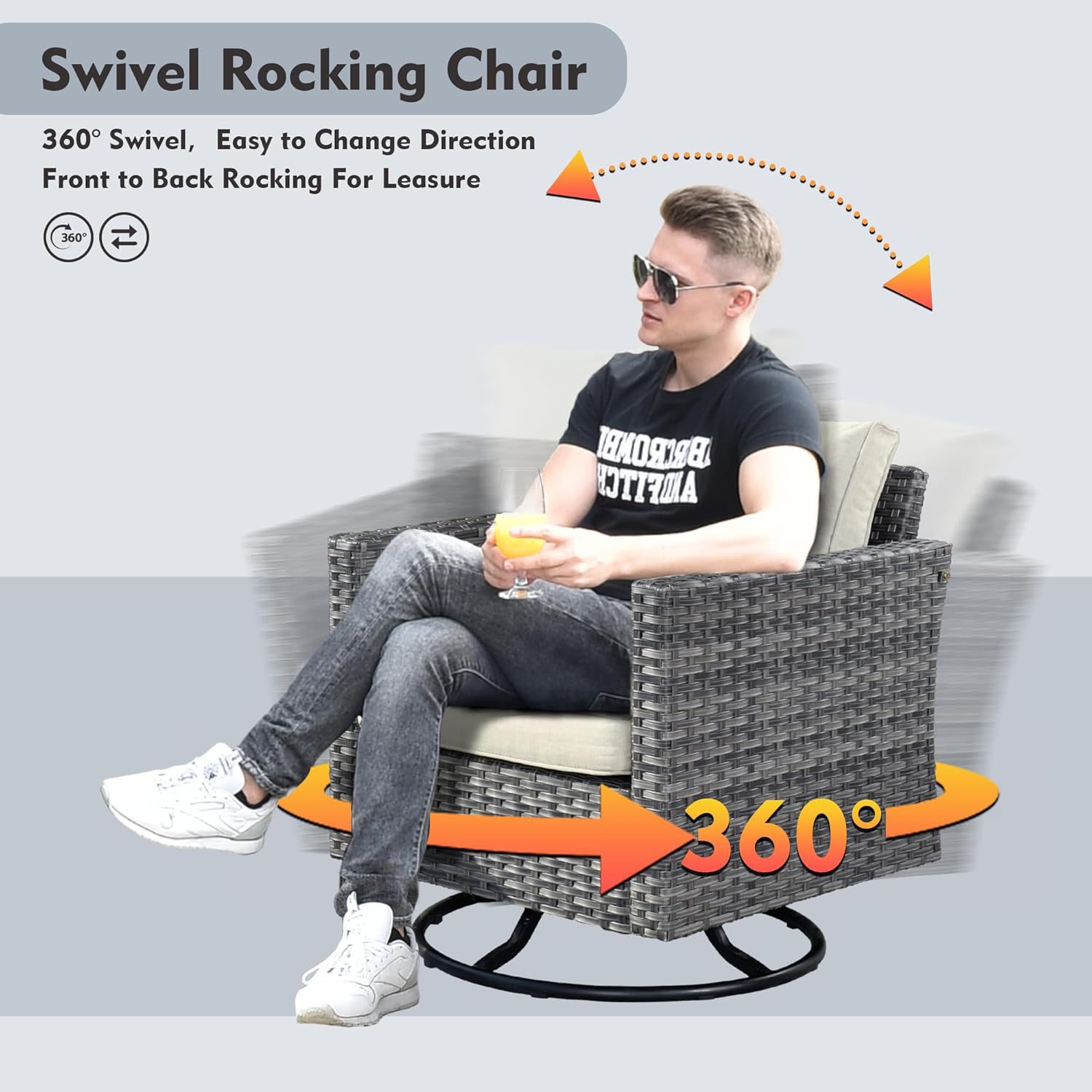 Patio Rattan Furniture Set 9-Piece Outdoor PE Wicker Conversation Couch, Gray Sectional Sofa Couch with Fire Pit, Outdoor Furniture with Rocker Chair