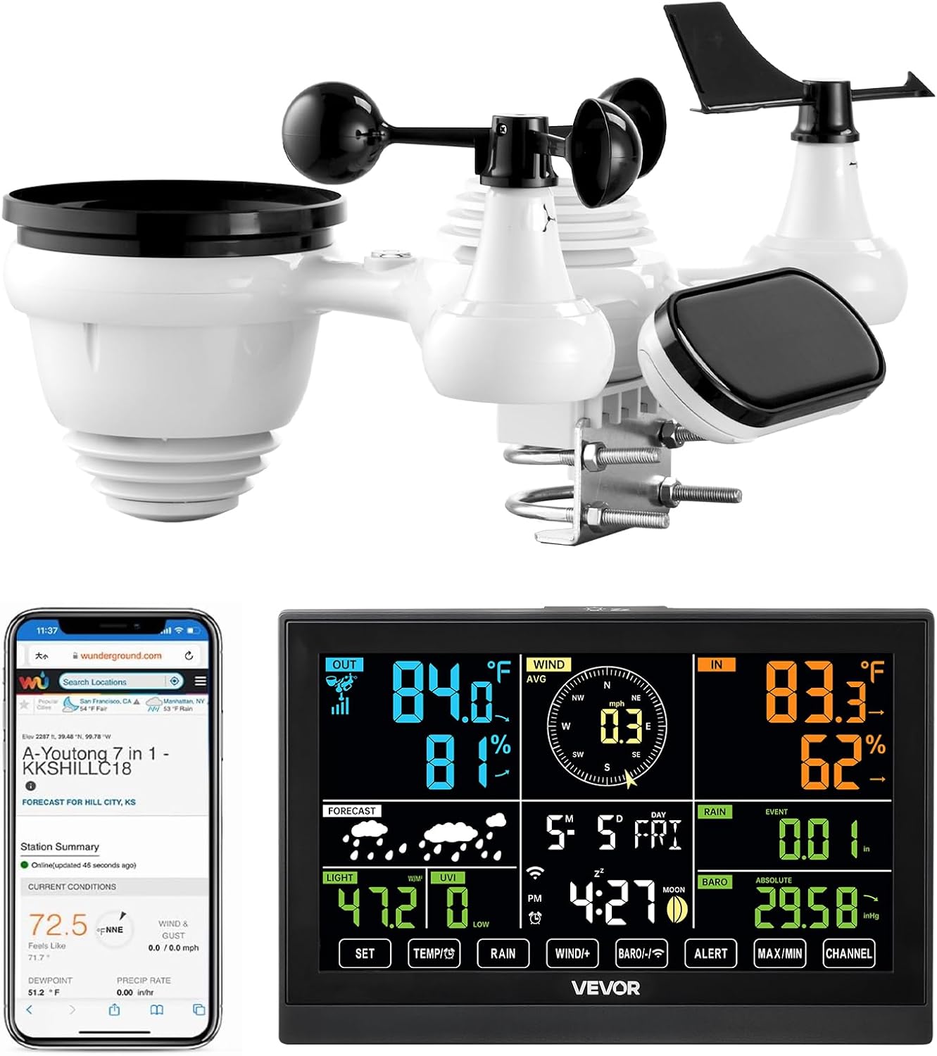 VEVOR 7-in-1 Wi-Fi Weather Station, 7.5-Inch VA Display, Solar Powered Wireless Outdoor Sensor, Home Weather Station Indoor Outdoor, for Temperature, Humidity, Wind Speed/Direction, Rainfall, No APP