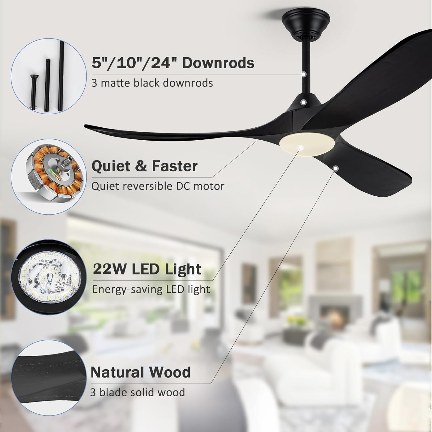 Savey'Sley 60 Inch Outdoor Ceiling Fan with Light, for Patio and Covered Porch - Quiet Energy Efficient DC Motor, 3 Black Wood Blades Rustic Farmhouse Style, Dimmable for Indoor Living Room, Bedroom