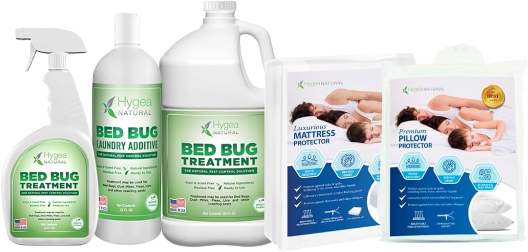 Hygea Natural Twin XL Mattress and Bed Bug Protection Bundle - Exterminator Combo (Bed Bug Spray 24 oz, Refill 128 oz & Laundry Treatment 32 oz), Twin XL Mattress Cover, & 2 Standard Pillow Protectors