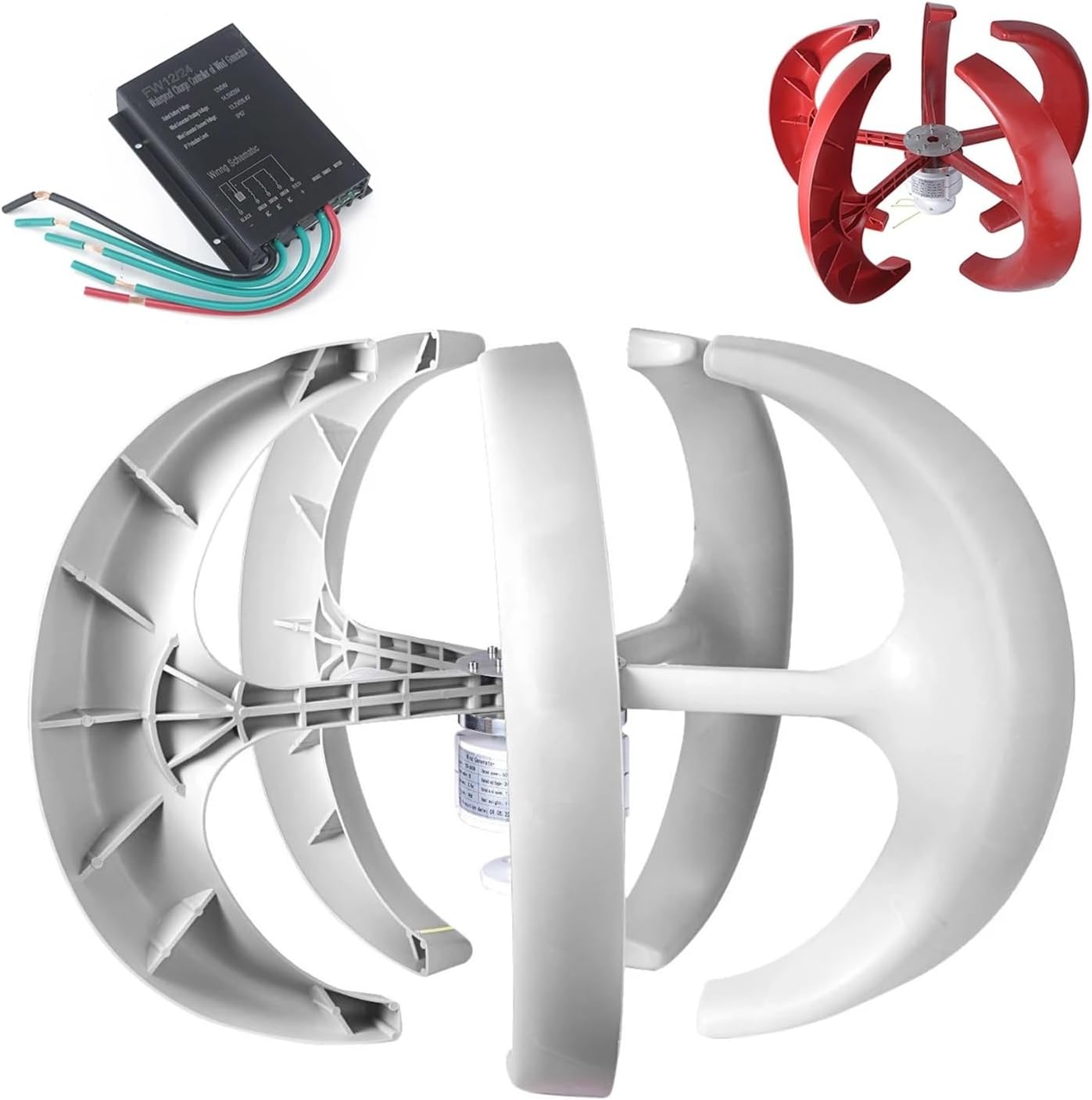 Wind Turbine 600W 24V Wind Turbine Generator Lantern Vertical Axis Wind Generator 5 Leaves with Controller Motor Kit White Red Low Starting Speed for Home(White)