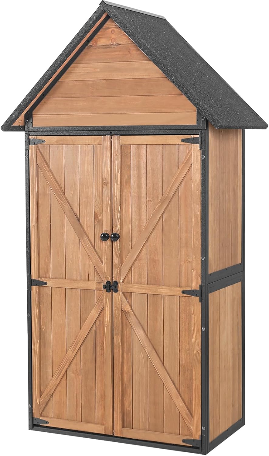 Aivituvin Shed Outdoor Storage Cabinet with All-Around Strong Metal Frame Wooden Tool House with Adjustable Shelfs and Floor,Waterproof Roof (Brown)