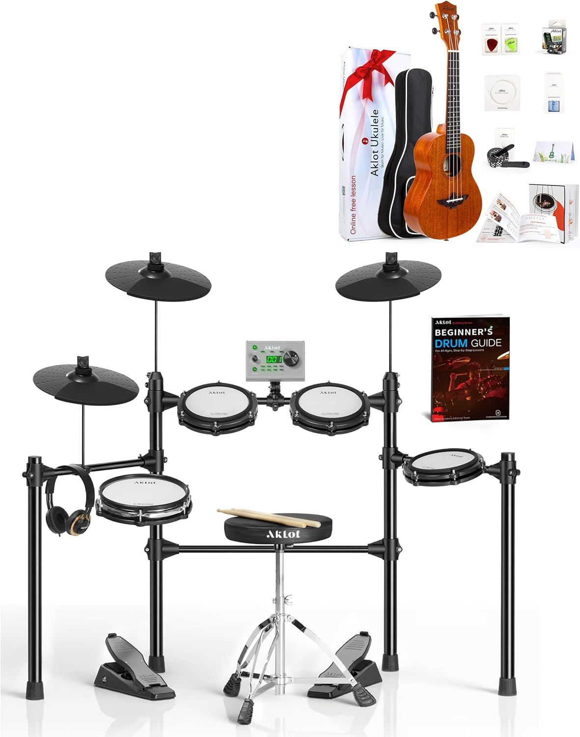 AKLOT Multi-Zone Electric Drum Set with Ukulele