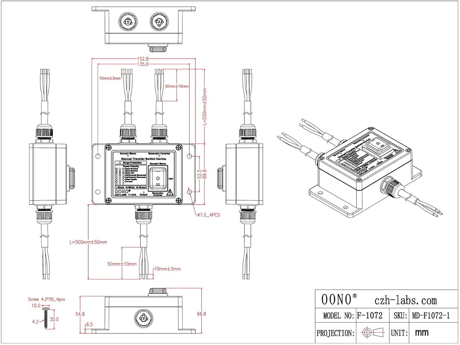 Manual Transfer Switch, AC120V 15Amp, with Surge Protection and Power Polarity Monitoring, for Generator, Inverter, Solar. OONO F-1072