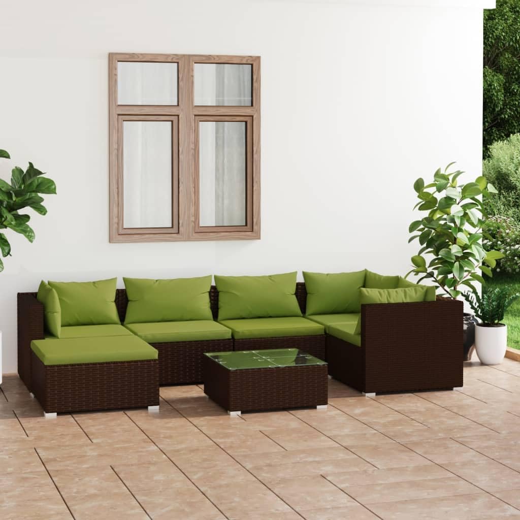 7 Piece Patio Lounge Set with Cushions Poly Rattan Brown,Rattan Patio Lounge Set with Cushions: Modular and Durable for Your Outdoor, Furniture Sets for Patio, Lawn & Garden