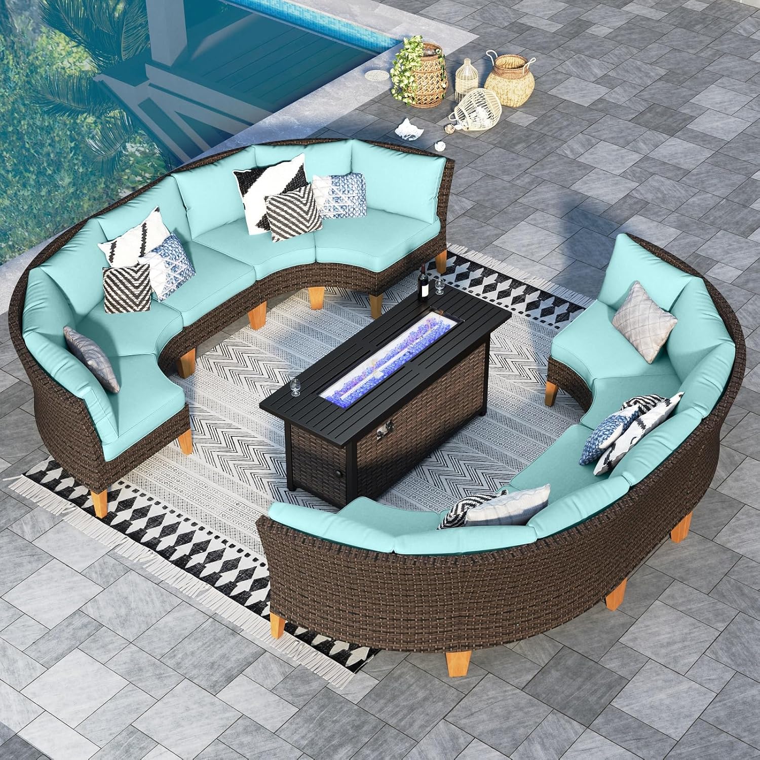 Sophia & William Patio Furniture Set with Fire Pit Table, 11 Piece Half Moon Outdoor Wicker Sectional Sofa Set, Curved Rattan Conversation Set with 56-Inch Fire Pit Table(Aqua Blue)