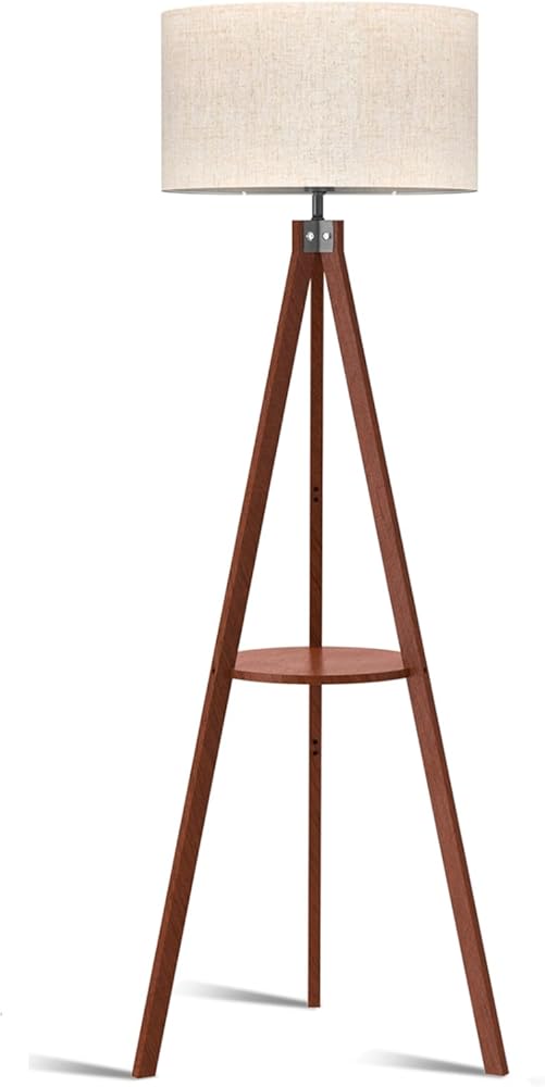 LEPOWER Tripod Floor Lamp, Mid Century Wood Standing Lamp, Modern Design Shelf Floor Lamp for Living Room, Bedroom, Office, Flaxen Linen Shade with E26 Base Brown