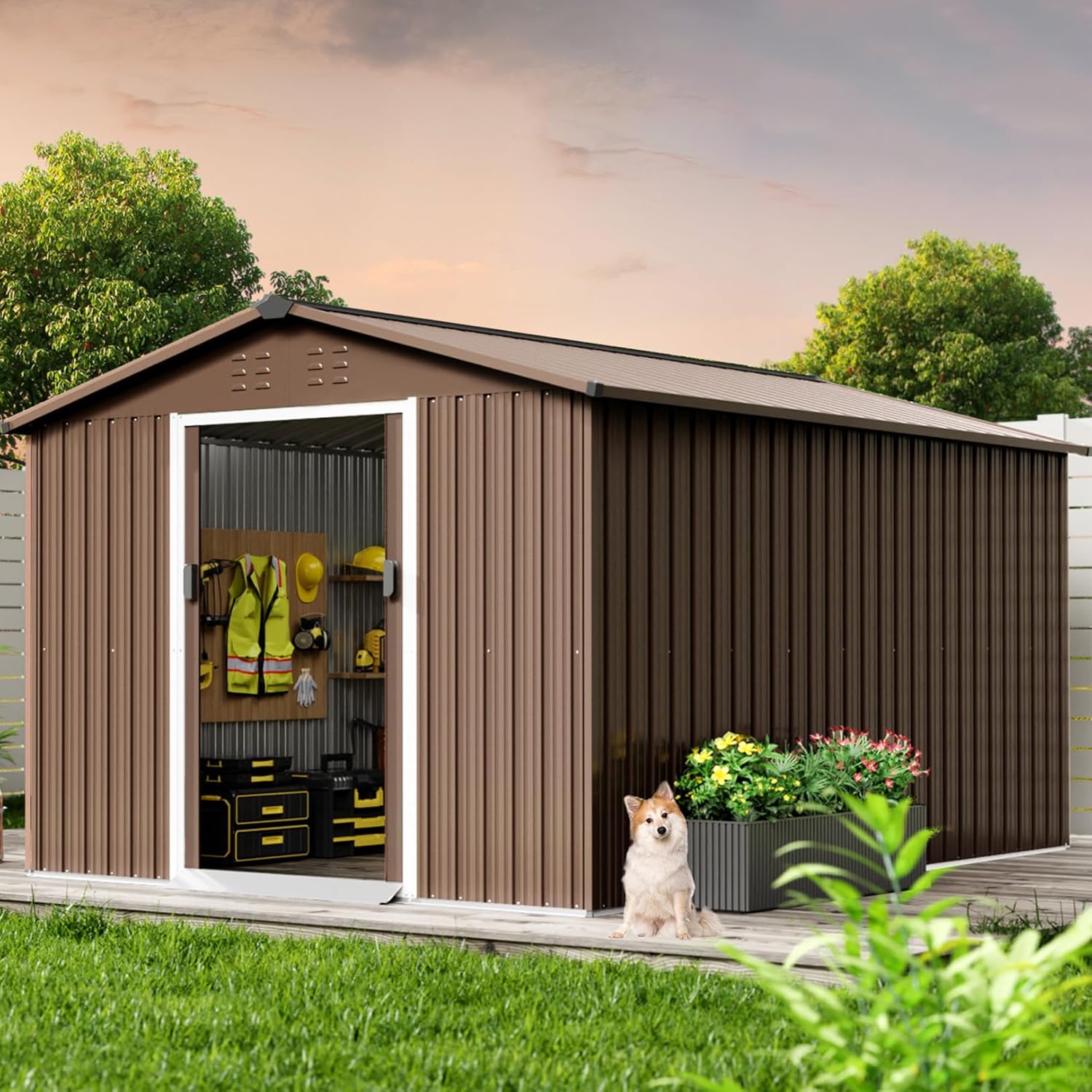 Acekool 8x12 FT Outdoor Metal Storage Shed, Large Garden Tool Shed with Lockable Door and Vents, Waterproof Galvanized Metal Sheds for Tools & Equipment, Garbage Can, Bike, Mower, Brown