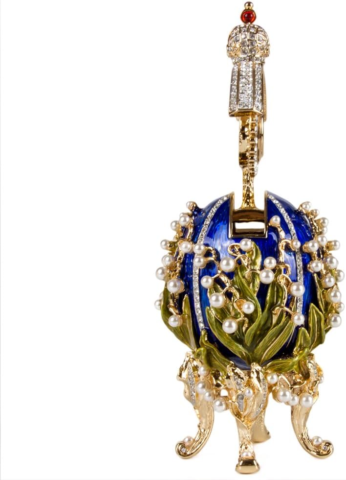 Crystals Faberge Egg: Lily of the Valley Egg Jewelry Box with Clock in Blue