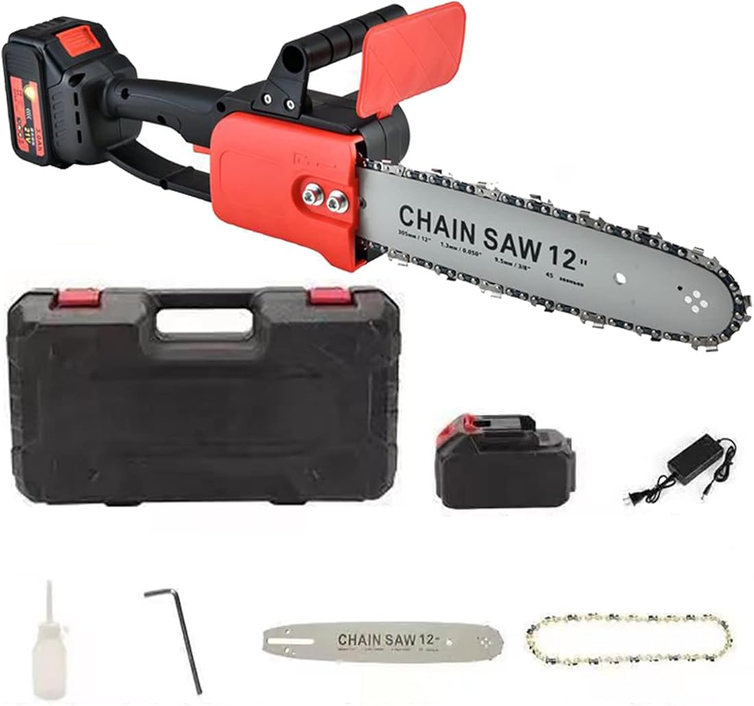 Cordless Chainsaw, 12-Inch Electric Battery Powered Chain Saw, Compact & Lightweight Battery Powered Chainsaw for Wood Cutting & Trimming (Battery & Charger Included) (Battery *1 : 1*Battery)