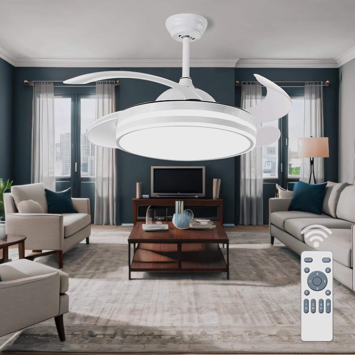 Generic Retractable Ceiling Fans with Lights and Remote, 42 Inch White Ceiling Fans with LED Lighting for Bedroom Living Room, Smart Modern Ceiling Fan, 3 Colors Changeable, Timer Setting