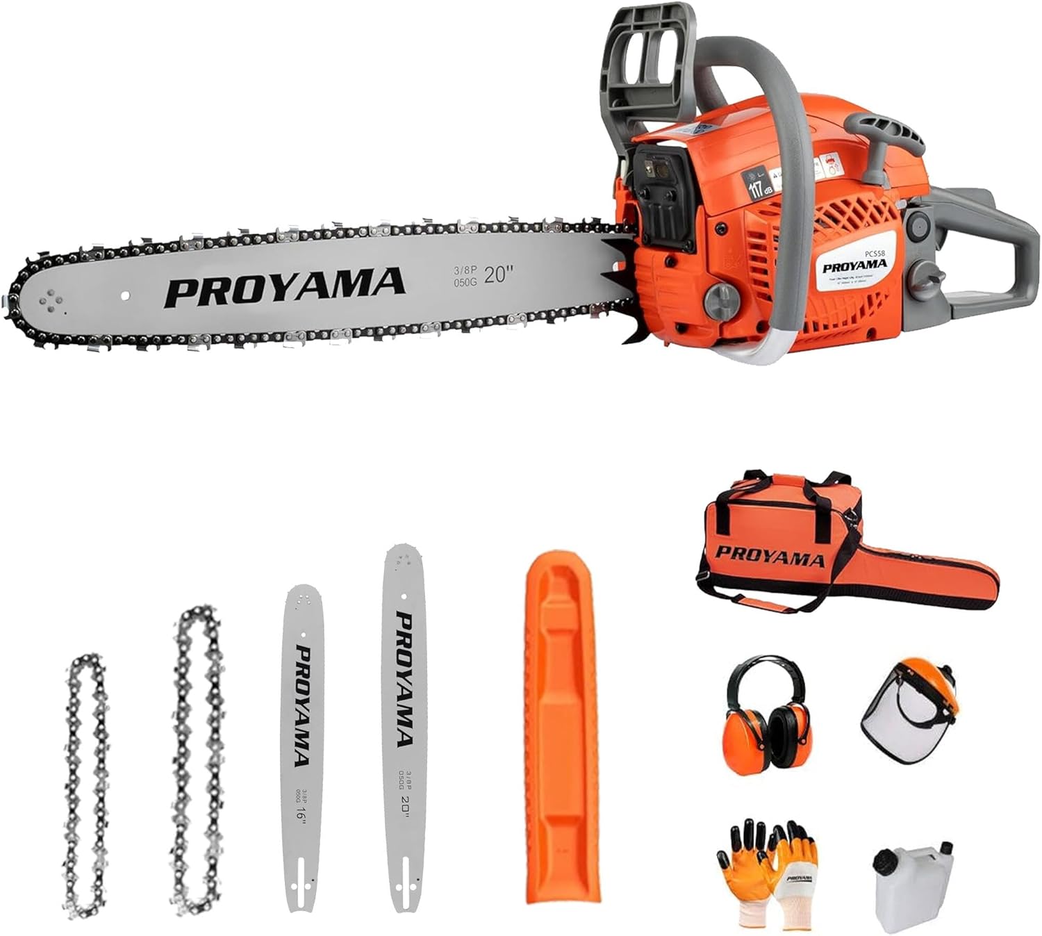 PROYAMA 58CC Gas Powered Chainsaw, 2 Cycle 2.8HP Powerful Chain Saw, 16inch & 20inch Chainsaw Bar, Gasoline Outdoor Cordless Chain Saw for Cutting Forest Wood Garden Trimming Tools