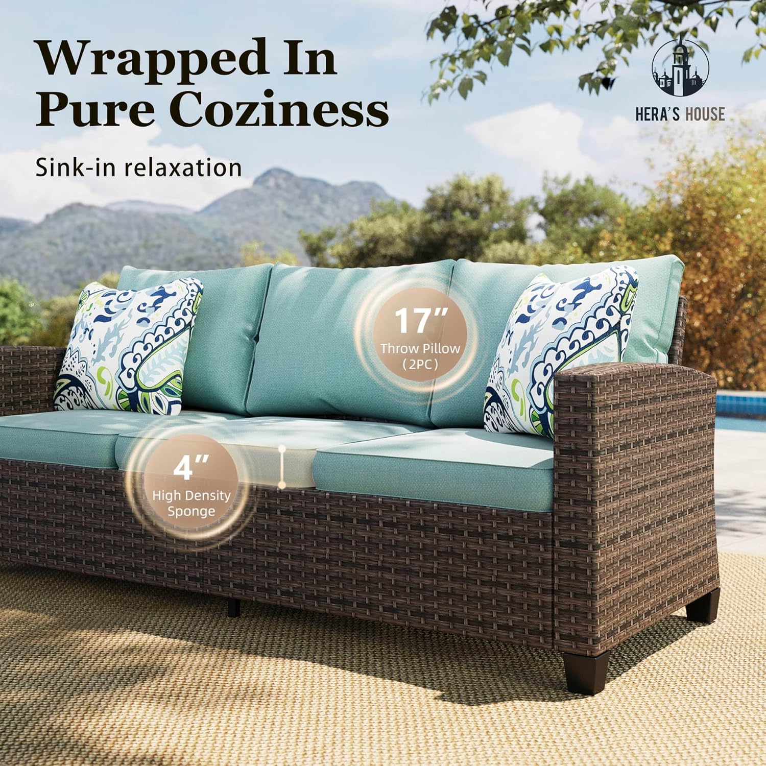 HERA'S HOUSE Patio Furniture Set with Fire Pit Table, 2 x Single Chair, 2 x Ottoman, 3-Seat Sofa, 6 Pieces Wicker Outdoor Sectional Conversation Sets for Lawn Backyard, Brown/Blue