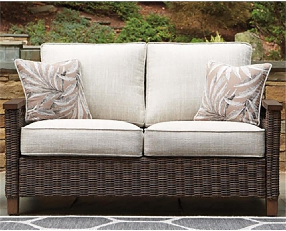 Home Square Set of 2 Patio Round Fire Pit Table and Loveseat in Medium Brown