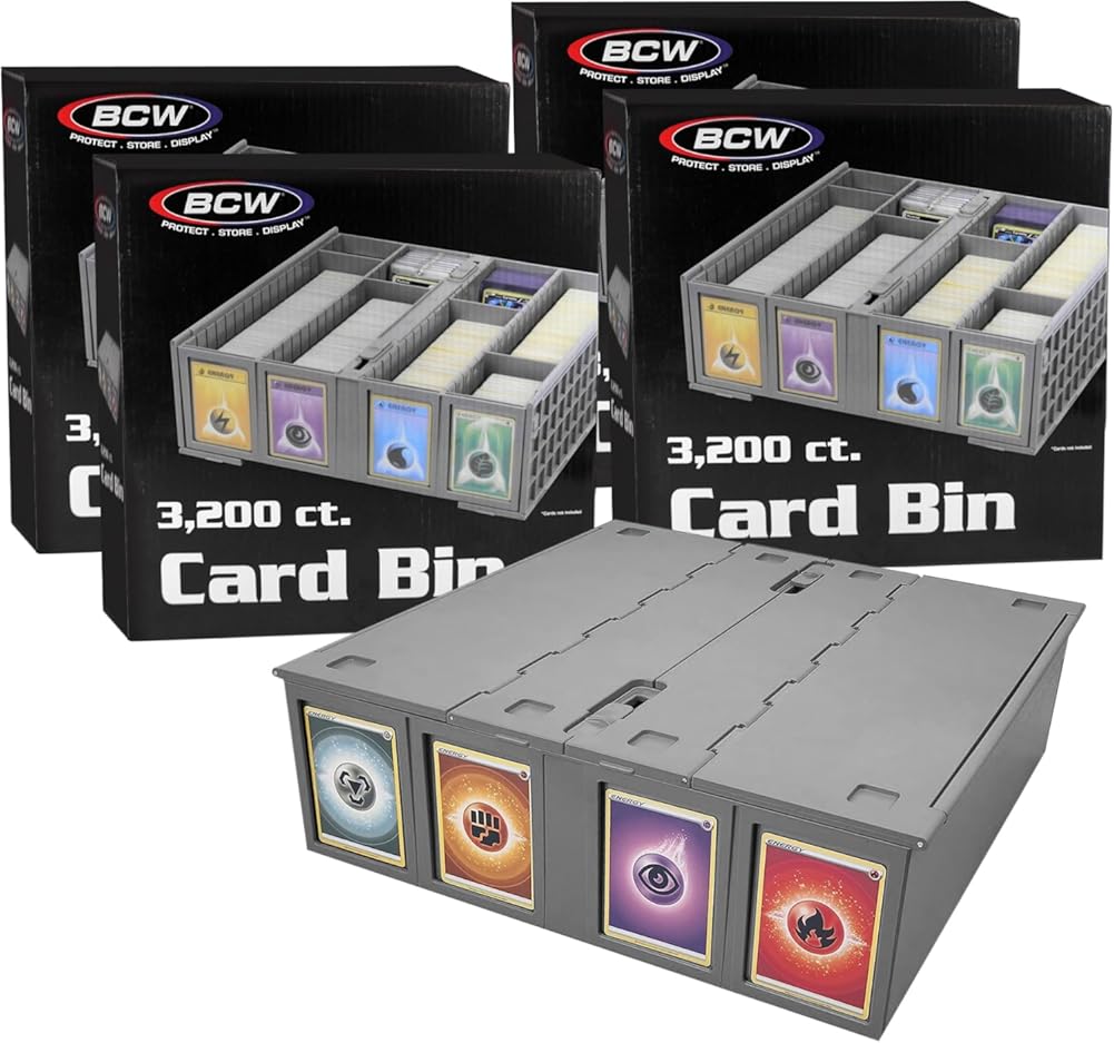 BCW Collectible Card Bin (4-Pack, Gray) | Holds 3200 Cards Each | Includes 4 Dividers Per Bin | Storage for Pokémon, MTG & Sports Cards