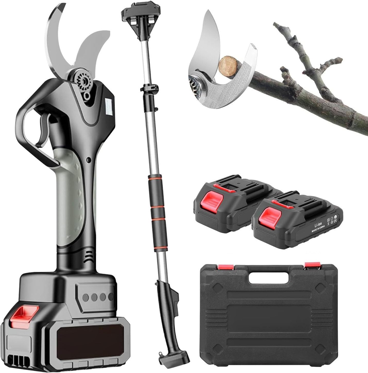 Cordless Electric Secateurs, 50mm Pro Pruning Shears, Pruner Branch Scissors with Brushless Motor / 2×4.5Ah Battery / 2.1M Telescopic Pole/Lcd Display