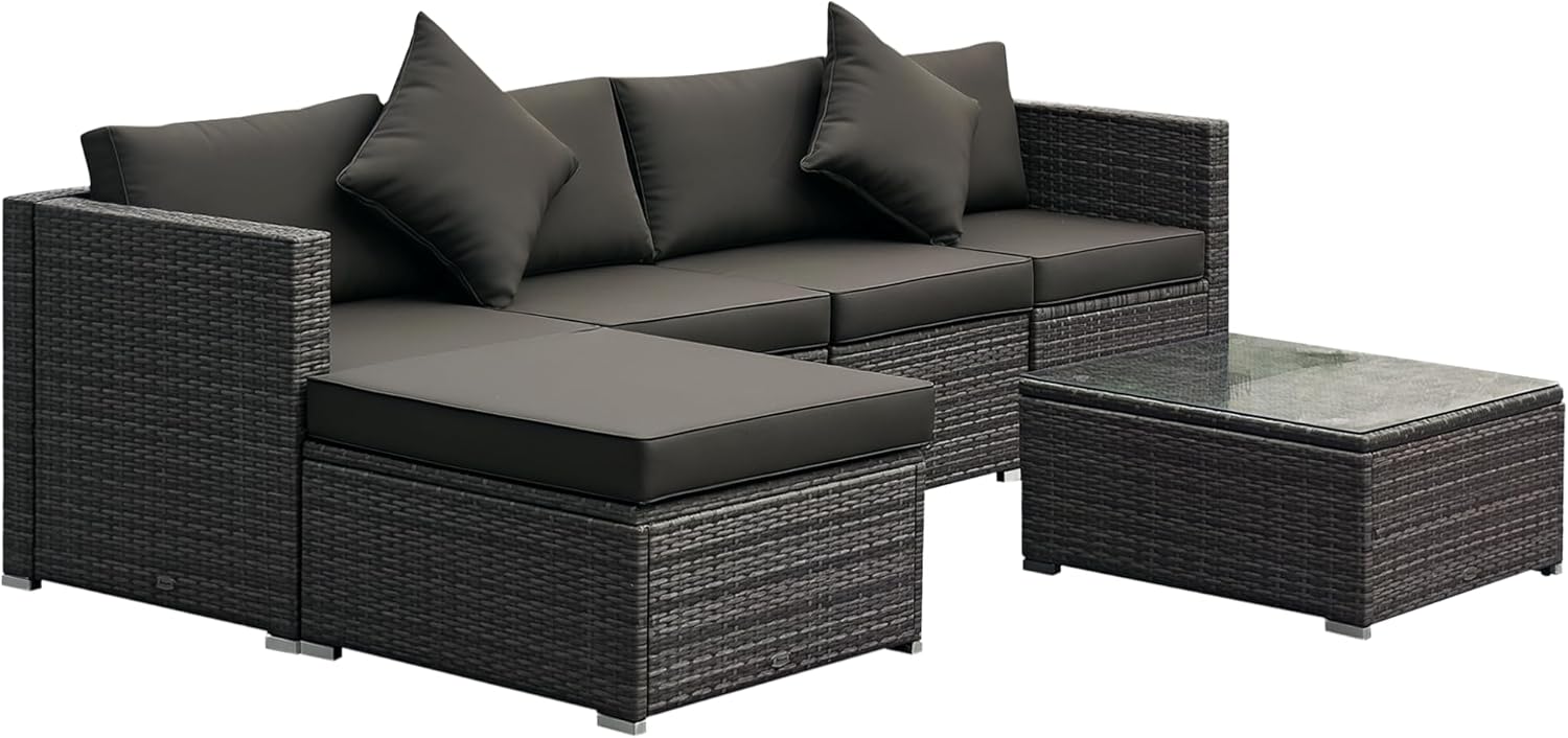 Outsunny 6 Piece Patio Furniture Set Outdoor Wicker Conversation Set All Weather PE Rattan Sectional Sofa Set with Ottoman, Cushions and Tempered Glass Table, Mixed Gray and Charcoal