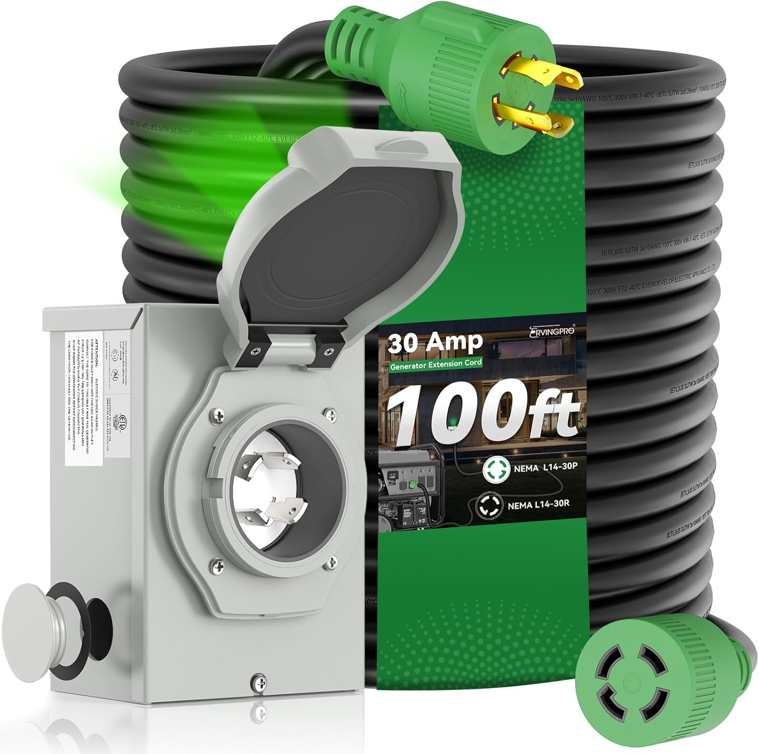 30 Amp Generator Cord 100FT and Power Inlet Box, Pre-Drilled 30 Amp Generator Inlet Box with Cord, NEMA L14-30P to L14-30R Generator Cord Waterproof Combo Kit, ETL Listed