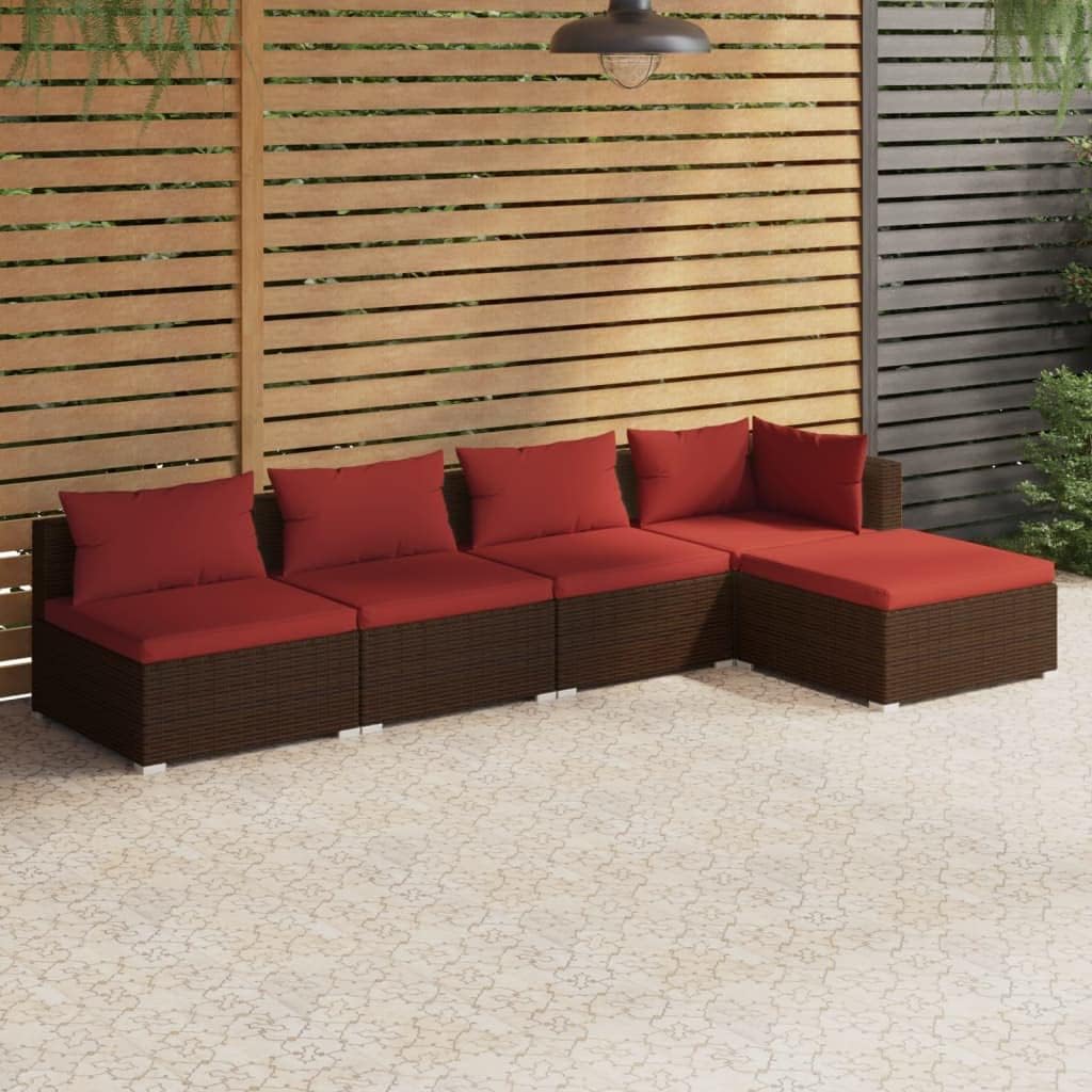 5 Piece Patio Lounge Set with Cushions Poly Rattan Brown,Stylish and Durable Patio Lounge Set: for Outdoor Relaxation and Comfort Furniture Sets for Patio, Lawn & Garden