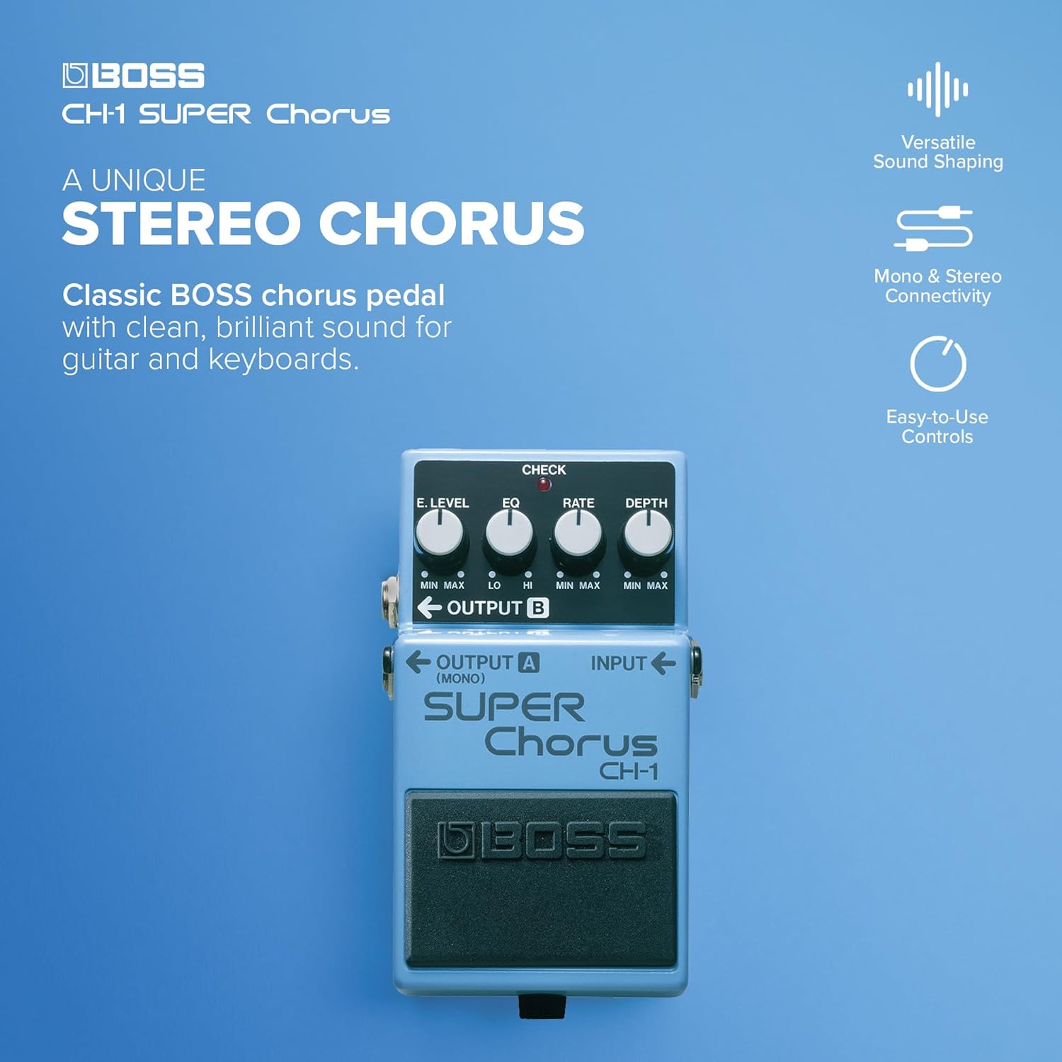 BOSS CH-1 SUPER Chorus | Classic Compact Chorus Effects Pedal | Cystal-Clear Tone for Guitar & Keyboards | Versatile Sound Shaping | Mono & Stereo Connectivity | Easy-to-Use Controls