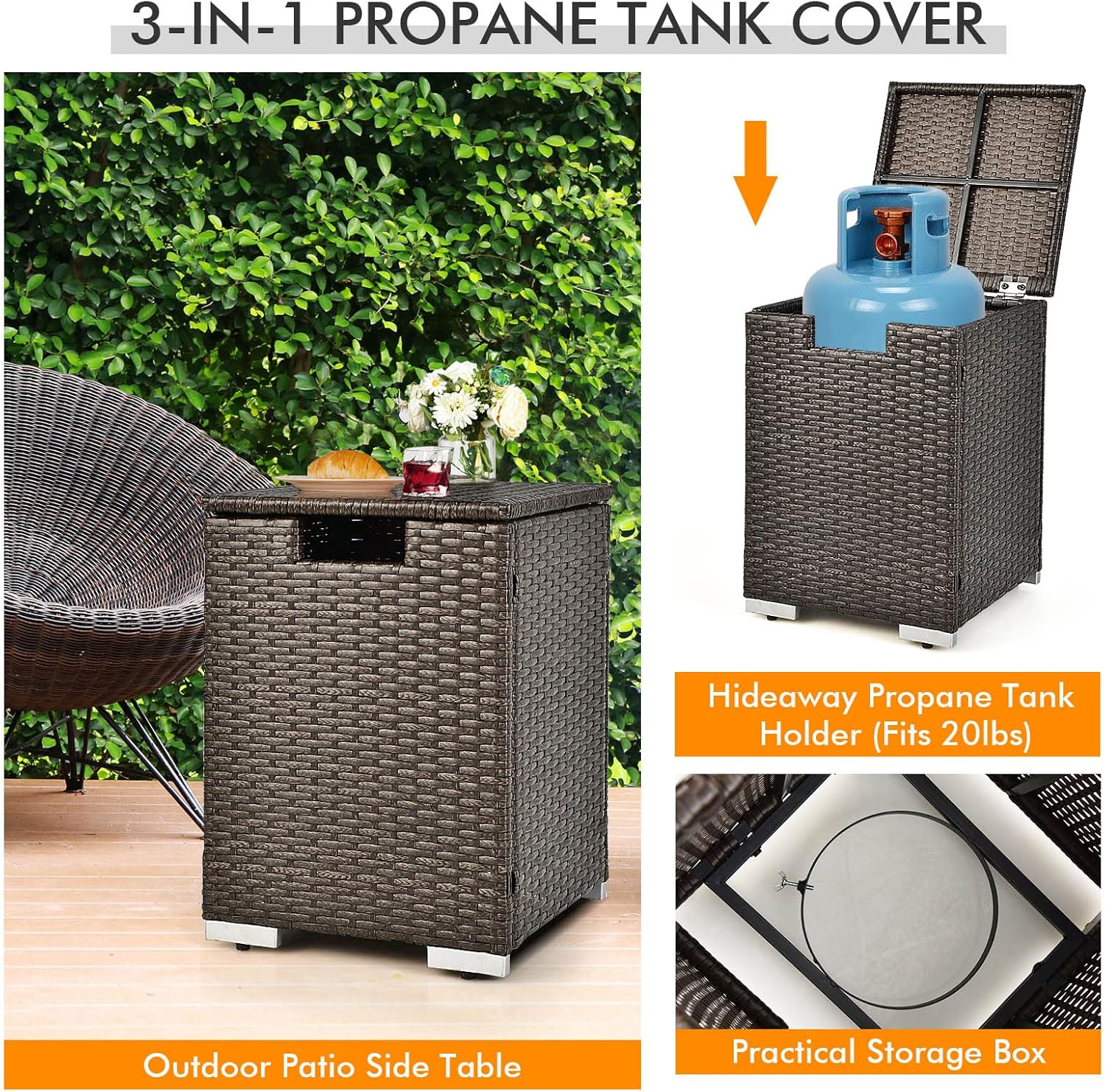 Tangkula 2 Piece Outdoor Propane Fire Pit Table Set with Hideaway Propane Tank Holder, 40,000 BTU Rattan Wicker Fire Pit Table with Lava Rocks, Waterproof Cover, Ideal for Backyard, Patio (Brown)