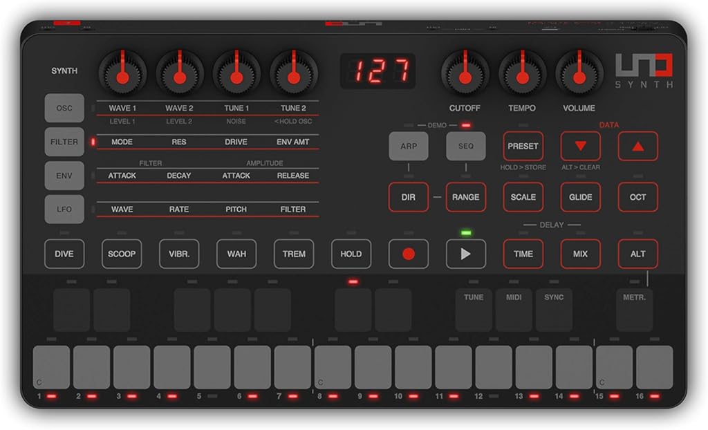IK Multimedia UNO Synth portable monophonic real analog synthesizer with sequencer, arpeggiator, battery operation, full MIDI/USB control and Mac/PC/iPad editor software