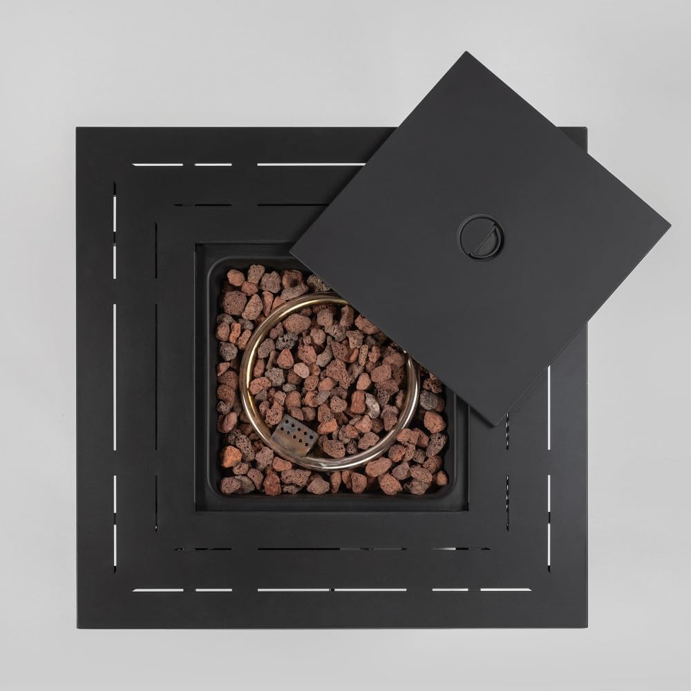 28” Propane Gas Fire Pit Table with 50,000 BTU Heat, Durable Square Steel Top and Stylish Wicker Base – Perfect for Outdoor Patio, Deck, Garden, Backyard