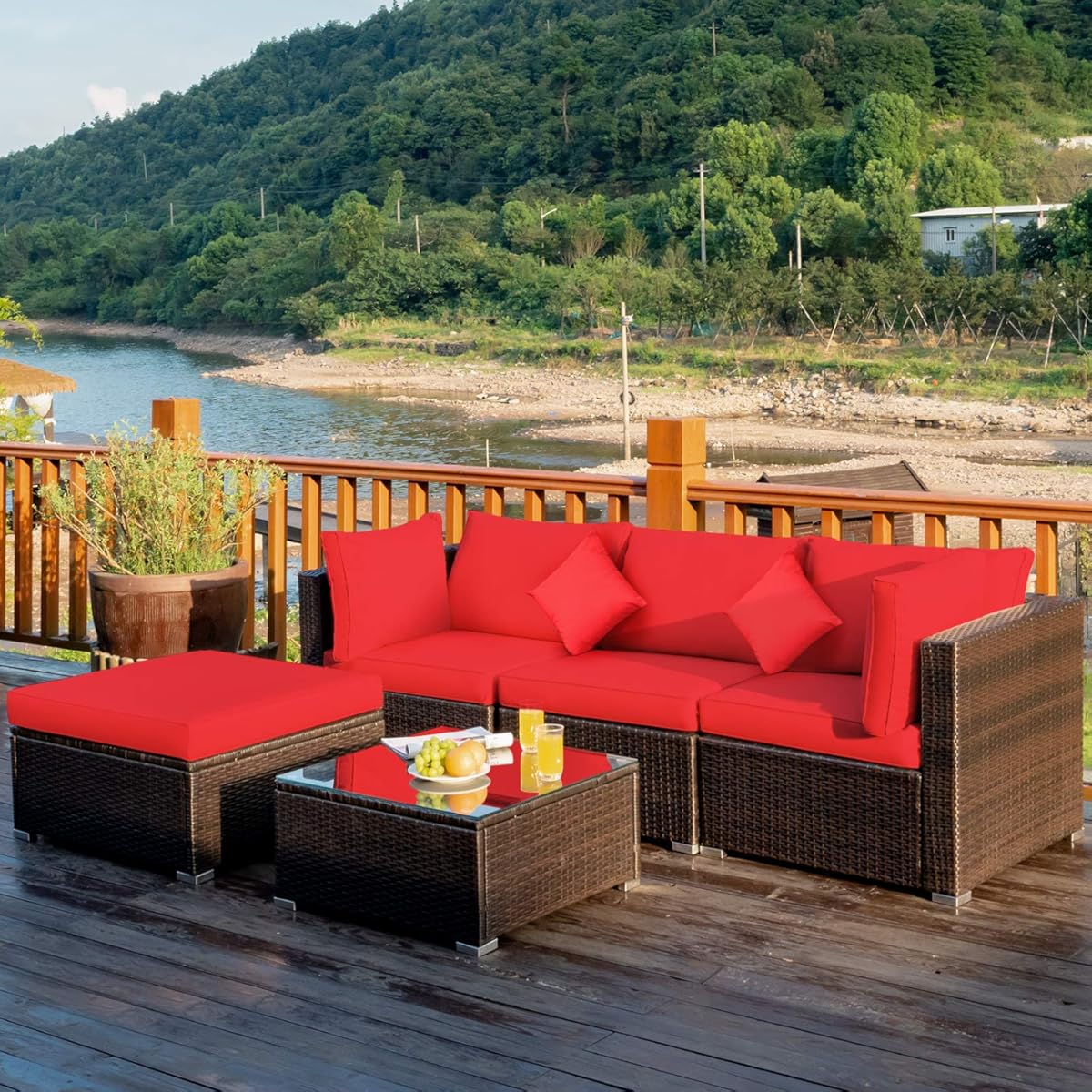 Tangkula 5 PCS Patio Rattan Furniture Set, Outdoor Sectional Rattan Sofa Set with Back & Seat Cushions, Wicker Conversation Set with Tempered Glass Table for Backyard Porch Garden Poolside (Red)