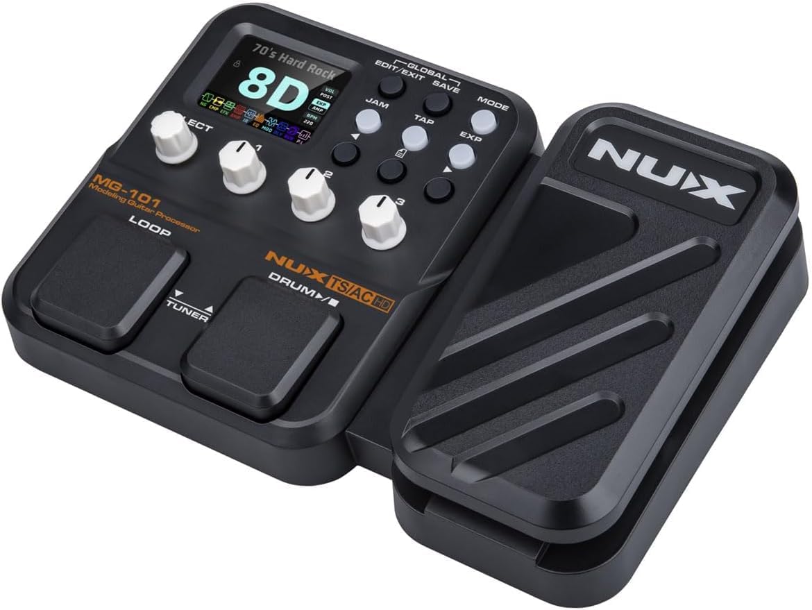 NUX MG-101 Amp Modeler and Guitar Effects Processor - Bundle with 2 Patch Cables, Instrument Cable and Aux Cable