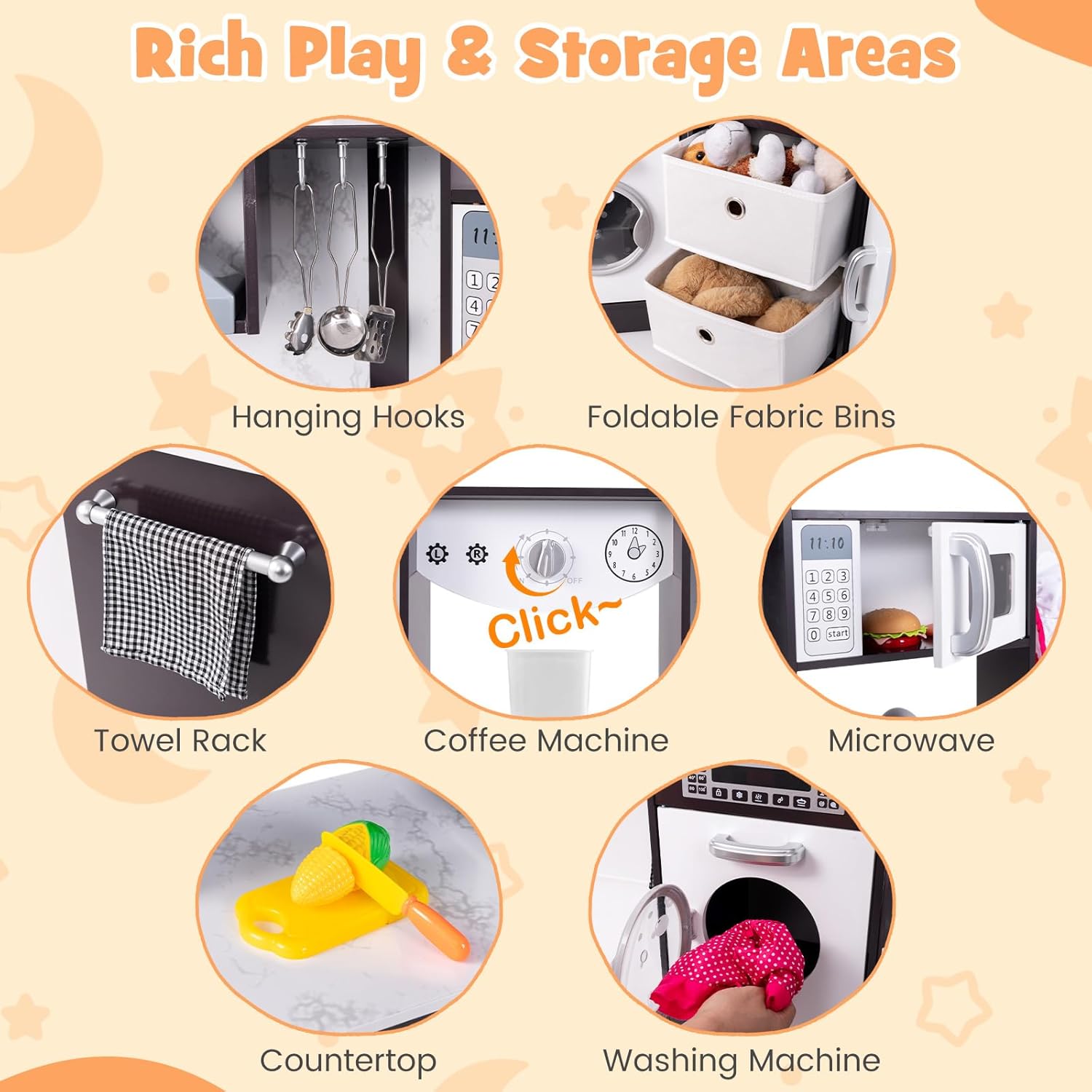 Costzon Corner Play Kitchen, Wooden Toddler Kitchen Playset w/Lights and Sounds, Water Circulation System, Washing Machine,Accessories, Kids Kitchen Playset for Boys,Girls (Brown)