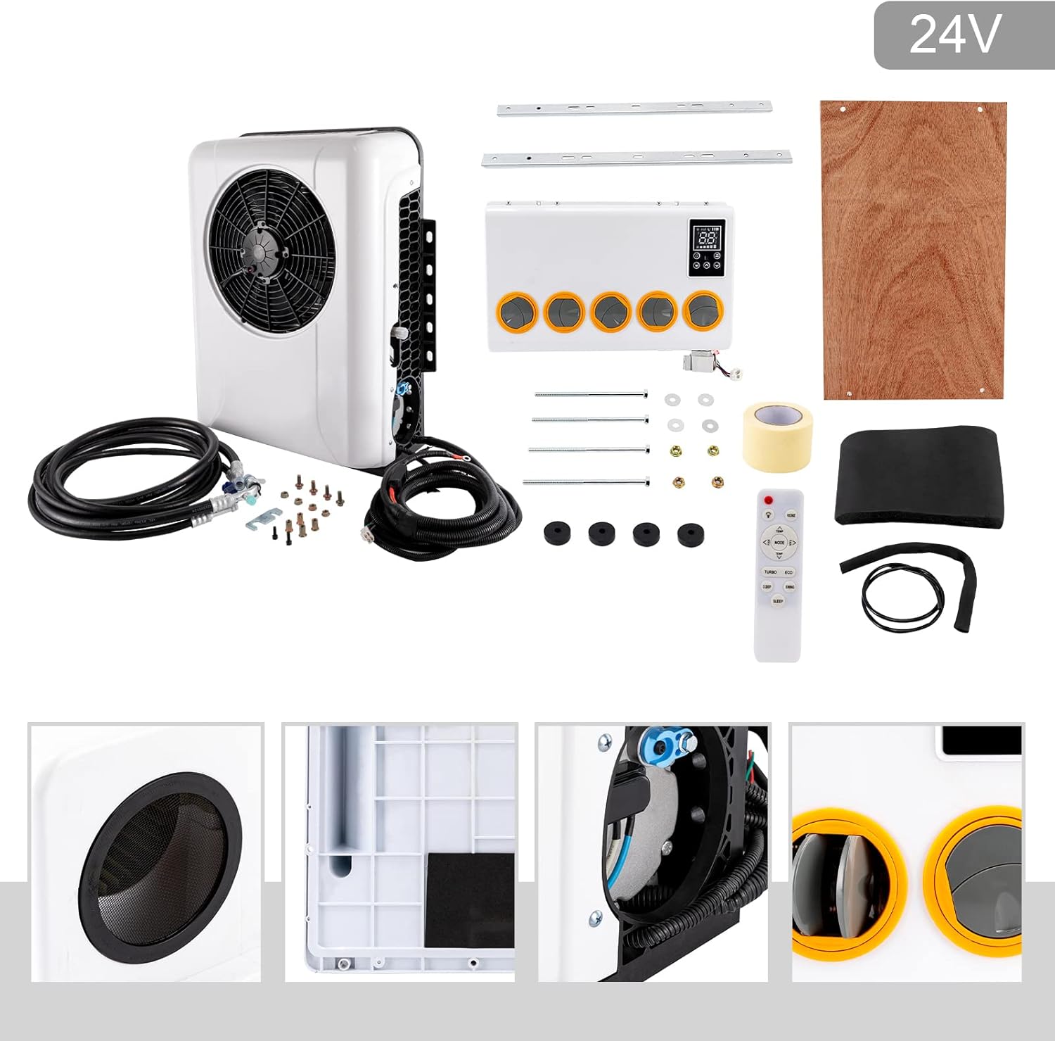 Universal Electric Air Conditioners, 950W 24V Truck Cab Air A/C Conditioner with Remote Control Mini Split AC System For Cab Within 6 ㎡ 1000-3000rpm adjustable Speed (24V)