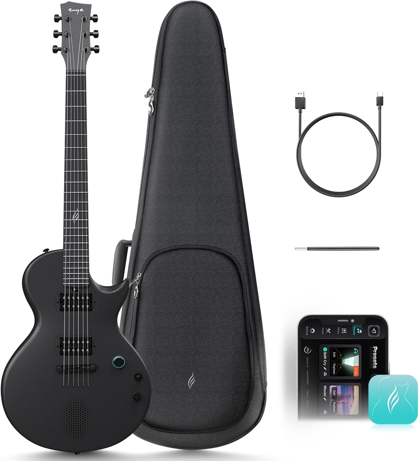 Enya Electric Guitar Nova Go Sonic Smart Electric Carbon Fiber Guitarra with 10W Wireless Speaker, Onboard Presets, All-in-One Portable Rig for Street Performers & Home Studios, Black